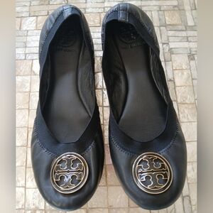 Tory Burch Black Leather Flats with Gold Logo Medallion